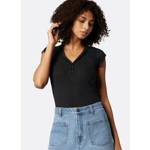 Joie Pam Cotton Fitted Henley Top Large Black Caviar Rib Knit Cap Sleeve NWT